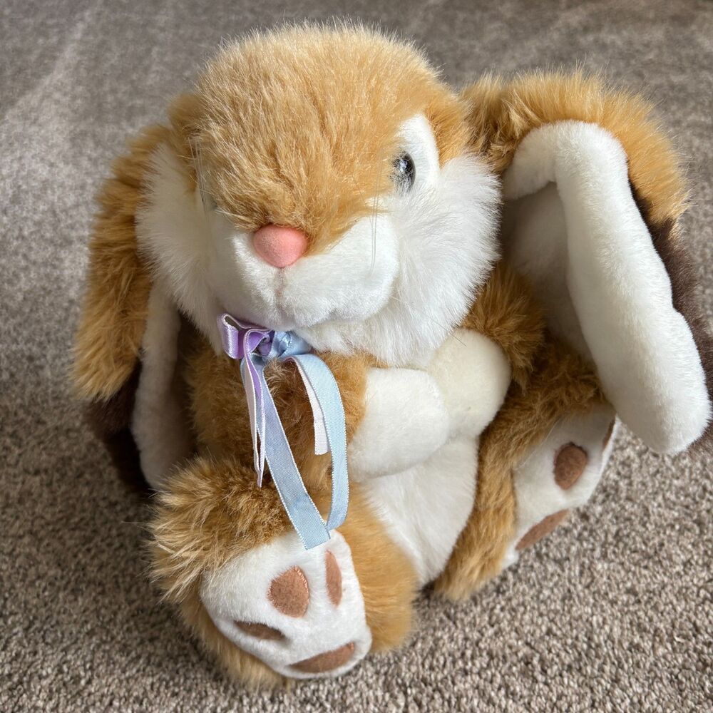 Chrisha Playful Plush Tan White Bunny Rabbit Stuffed Animal 11" w/ Pastel Ribbon